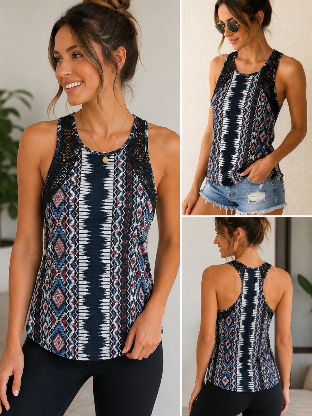 Active Small Tribal Print Racerback Tank Top Crochet Mesh Athletic